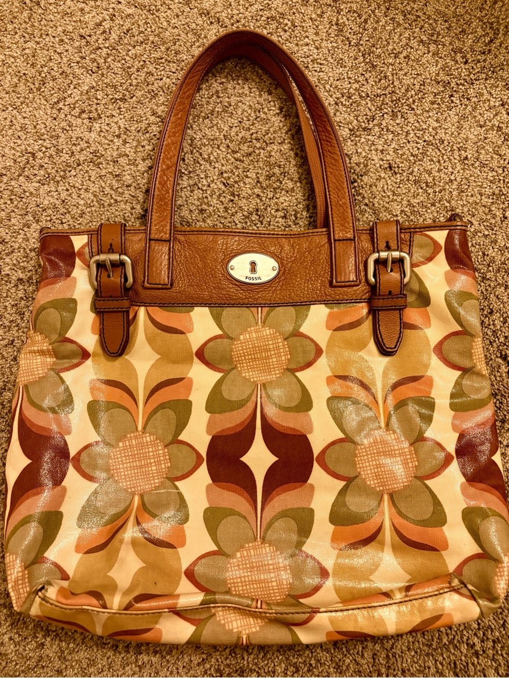 Fossil Retro Floral Tote in Brown, Olive and Cream
